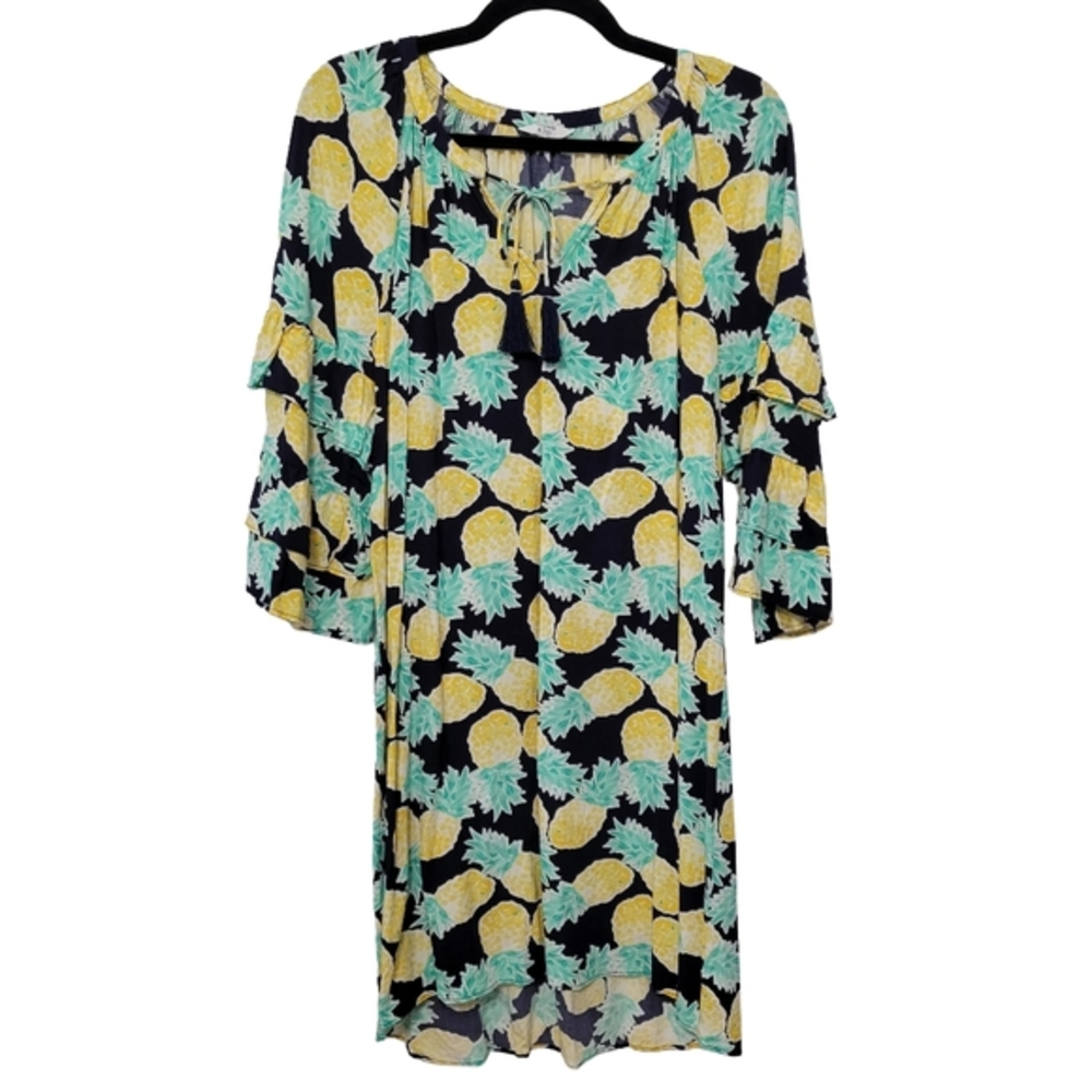 Crown & Ivy Women's Tiered Bell Sleeve Pineapple Print Dress Size M Navy Tassels